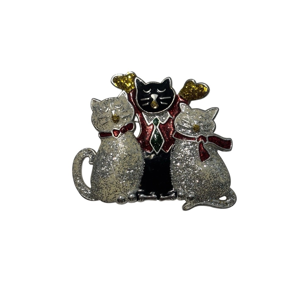 Vintage Silver Tone Glitter Enamel Winter Holiday Kitty Cat Trio Brooch Pin